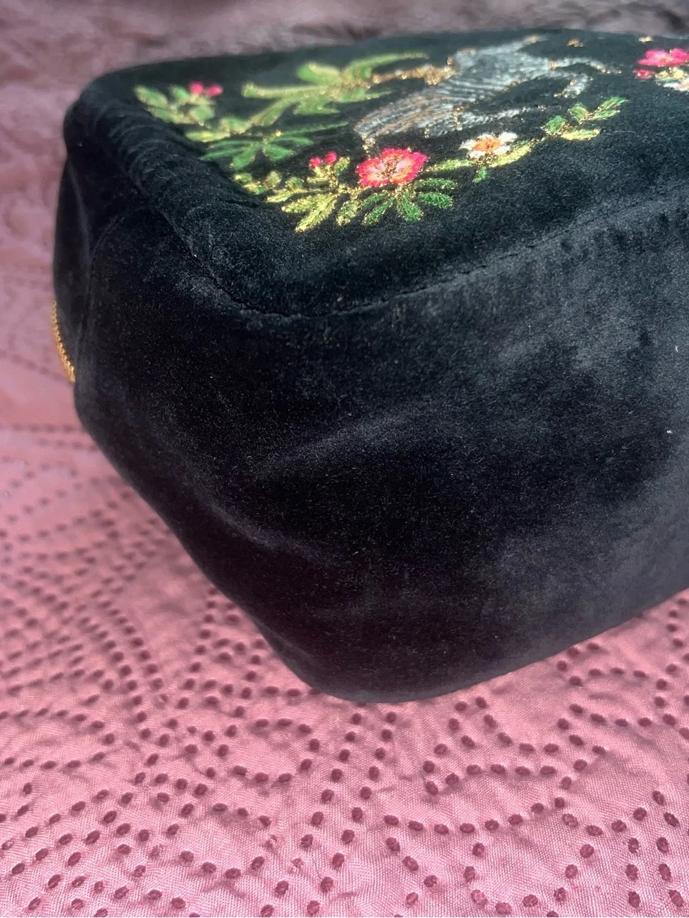Embroidered Black Velvet Zebra Cosmetic case with Tropical Motif